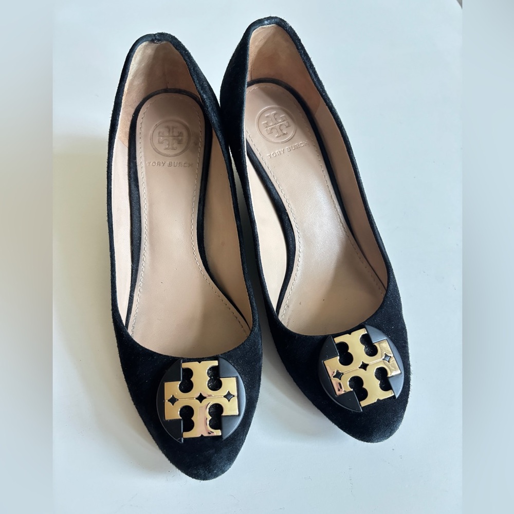 Tory Burch Black suede Wedge Shoes with Gold Accents